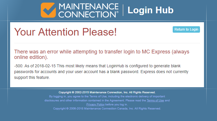 MCE Login Transfer Error
